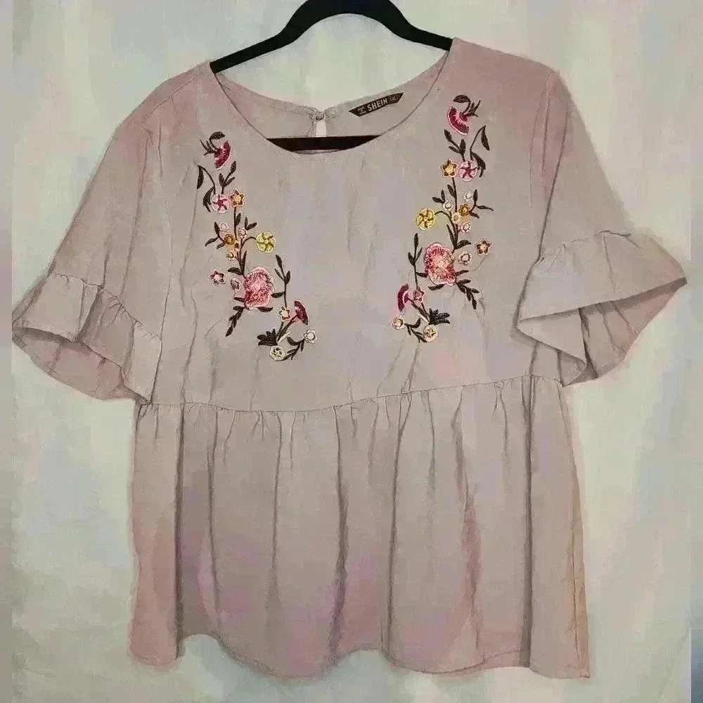 Shein pink embroidered top xl
